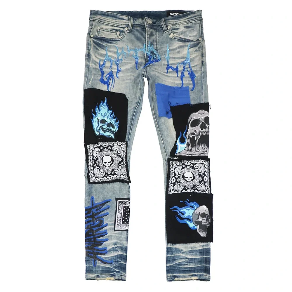 GFTD LA Los Angeles Men's Skinny Fit Panel Patch Fire Skull Distressed Rip Jeans - Picture 6 of 7